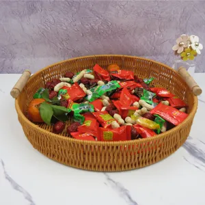 Imitation rattan storage basket with wooden handles, round desktop snack organizer fruit tray.