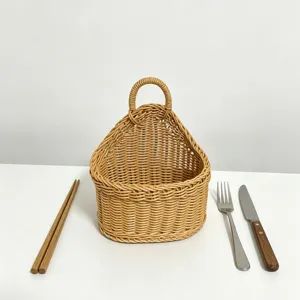 Wall-mounted woven storage basket detail view, ideal for kitchen garlic, ginger and eggs.