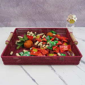 Imitation Rattan Woven Storage Basket Fruit Tray Bread Plate Desktop Organizer with Wood Handles for Living Room Kitchen