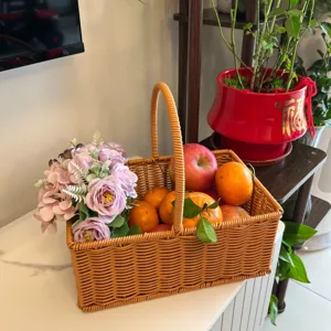 Imitation Rattan Woven Storage Basket Handheld Rectangular Oval Fruit Floral Arrangement Basket Home Sundries Organizer