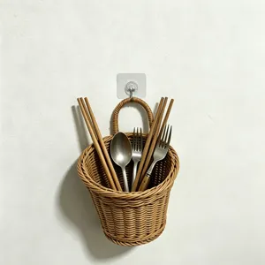 Wall-mounted woven imitation rattan storage basket for kitchen cutlery, chopsticks.