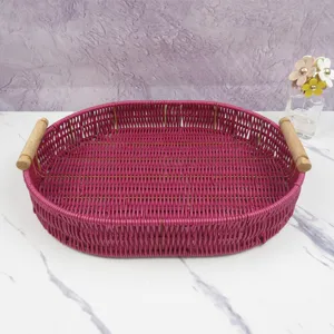 Imitation rattan woven oval storage tray with wooden handles, pink desktop organizer basket.