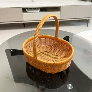 Detailed view of hand-woven imitation rattan storage basket, perfect for fruits and home organization.