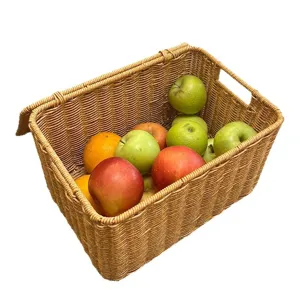 Panier de rangement tressé avec couvercle et poignées, grand conteneur en rotin pour la maison.
