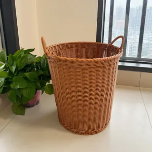 Brown Woven Storage Basket Detail View Synthetic Rattan Laundry Hamper Organizer