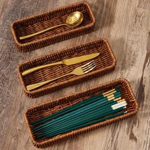 Imitation rattan cutlery storage basket, desktop organizer for kitchen, restaurant, and home use.