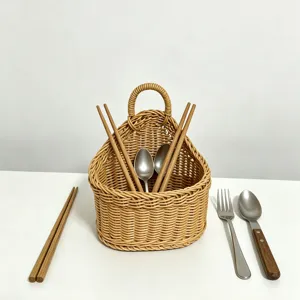 Woven hanging storage basket detail view, ideal for kitchen cutlery, chopsticks and spoons organizing.