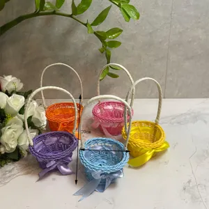 Mini Woven Flower Basket Handheld Rattan Storage Basket Pastoral Decor with Bow Ribbon