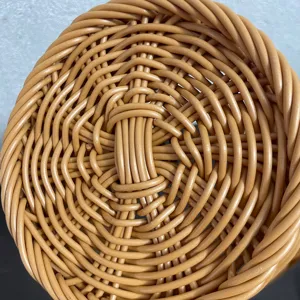Close-up detail view of the round imitation rattan woven storage basket showing tight texture.