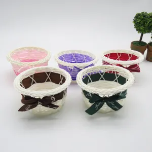 Handmade Plastic Woven Storage Basket Desktop Snack Sundries Organizer With Bowknot Ribbon For Home Living Room Desk
