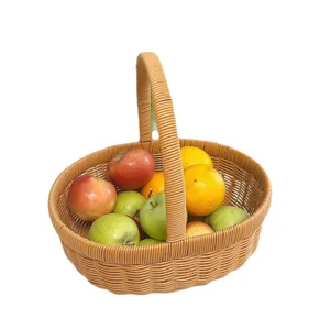 Hand-woven imitation rattan fruit storage basket with handle for home kitchen organization