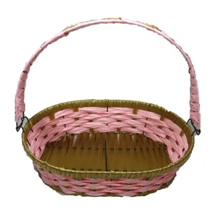 Cesta de mano tejida para fruta y pan, bonita cesta rosa y dorada para regalos.