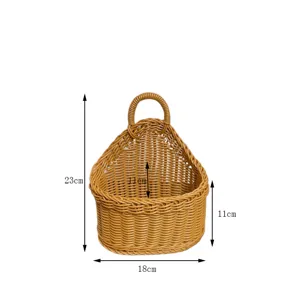 Hanging woven basket detail view showing dimensions, compact storage holder for kitchen organization.