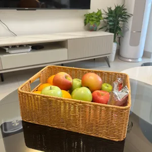 Panier de Rangement Imitation Rotin Fait Main Organisateur Tissé en Plastique Rectangulaire Avec Double Oreilles Pour Cosmétiques Jouets Snacks