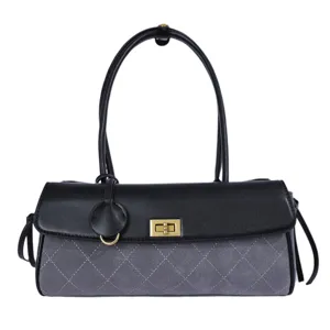 Korean vintage underarm baguette shoulder bag with chic diamond quilting and metal turn-lock.