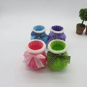 Plastic Kleine Opbergmand Handgeweven Desktop Opbergbak Organizer Plastic Opbergcontainer Met Strik Voor Thuis Kantoor