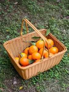 Imitation rattan woven picnic basket with handles, practical storage basket for fruit and outdoor.