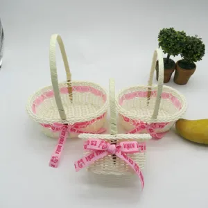 Ensemble de panier de fille de fleurs tissé à la main osier blanc panier de mariage ruban rose