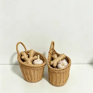 Plastic Woven Wall Hanging Storage Basket Imitation Rattan Organizer For Kitchen Garlic Ginger Onion Fruit Sundries