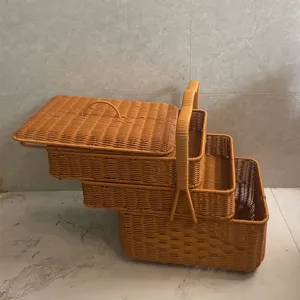 Large 3-tier wicker storage basket with lid, portable woven picnic basket for outdoor.