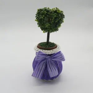Detailopname van kunstmatige hartvormige topiary plant in paarse geweven pot met strik.