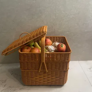 Household Outdoor Large Capacity Rectangular Three Layer Picnic Basket Hand Woven Plastic Storage Basket With Lid