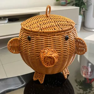 Cute animal shaped rattan woven storage basket with lid, for desktop organization home decor.
