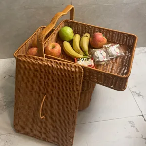 Handwoven 3-tier wicker picnic basket with lid large storage organizer for outdoor travel.