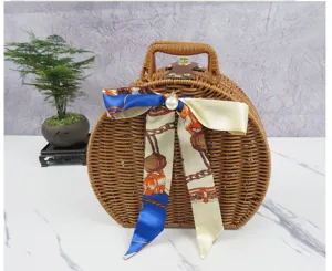 Rattan storage box with silk ribbon bow handle retro vanity case organizer for home decor