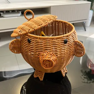 Creative Imitation Rattan Animal Pig Storage Basket With Lid Cute Desktop Organizer Fruit Sundries Decorative Container