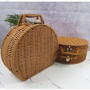 Detailed view of round PP woven storage box with metal lock and handle, retro style.