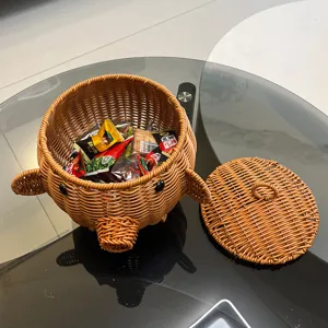 Woven animal shaped storage basket with lid cute rattan fruit organizer for desktop