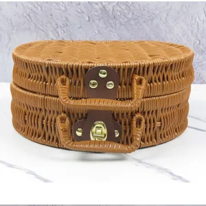 Vintage Woven Storage Box Retro PP Plastic Storage Basket With Metal Lock Handle For Home Cosmetic Gift Packaging Organizer