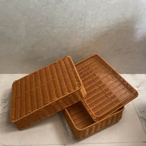 Hand woven rectangular storage basket plastic rattan container organizer for home kitchen picnic outdoor use.