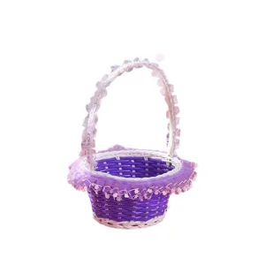 Purple woven flower girl basket with lace ruffle trim, elegant wedding party basket.