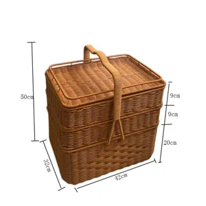 Detailed view of the 3-layer woven storage basket showcasing precise dimensions and design.