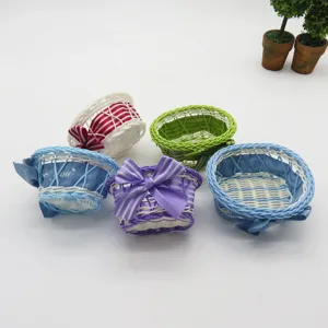 Kunststof Geweven Opbergmand Desktop Spullen Organizer Snack Opslag Container Met Strik Huisdecoratie