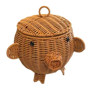 Cute animal woven storage basket creative rattan desktop organizer with lid for desk