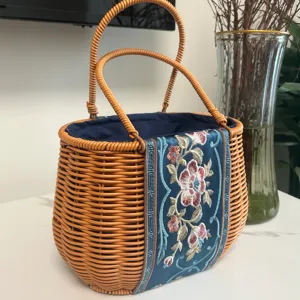 Woven Rattan Handbag Oval Shell Basket Embroidered Floral Flower Arrangement Storage Tote