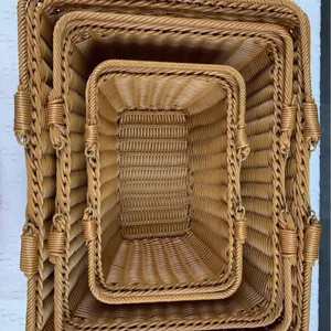Imitation rattan woven storage basket, nested rectangle wicker organizer for home and picnic.
