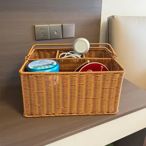 Rechthoekige Geweven Opbergmand Imitatie Rotan Handheld Organizer Doos Met Dubbele Handvaten Voor Thuis Desktop Diverse Items