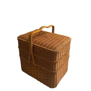 Large rectangular 3-layer woven storage picnic basket with convenient lid and handle.