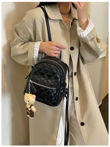 Sac à Dos Mini Noir Matelassé Femme Tendance Casual Voyage avec Pendentif Ours