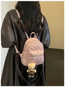 Sac à dos matelassé décontracté pour femme rose élégant avec pendentif ours pour le quotidien