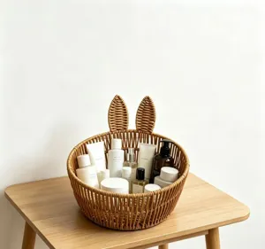 Cute bunny ear woven storage basket for desktop organization, fruit, and cosmetics display.