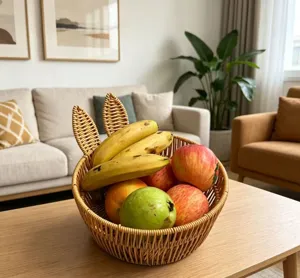 Rattan fruit basket with cute bunny ears design, perfect for home living room desktop storage.