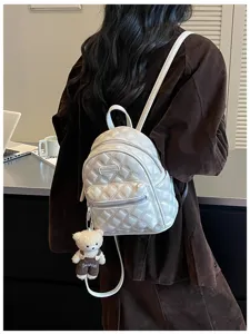 Sac à dos mini matelassé femme blanc mode décontracté cartable avec joli pendentif détail