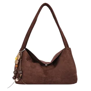 Brown suede shoulder bag for women, stylish underarm hobo handbag with beaded charm.