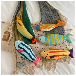 Knitted patchwork tote bag for women, stylish casual shoulder bag with cute fish decor.
