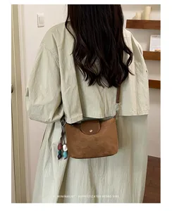 Korean retro suede crossbody bag for women, minimalist chic small shoulder bag with beads.